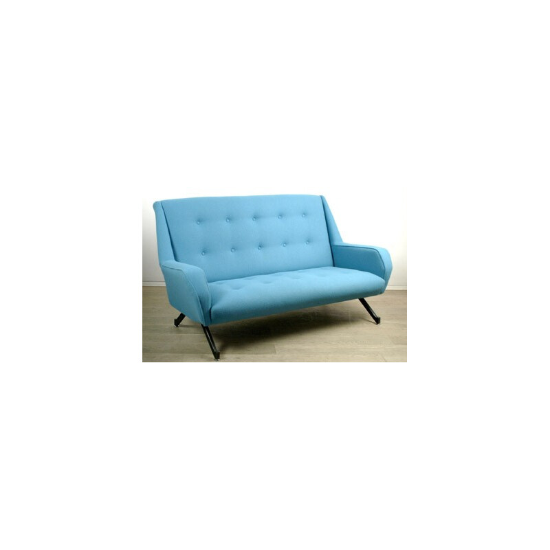 2-seater blue woolen and metal sofa - 1950s