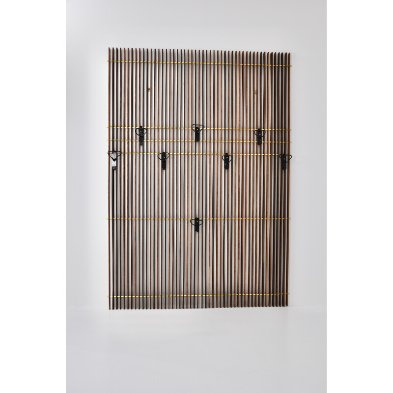Vintage wood and brass coat rack with 8 hooks, Italy 1960