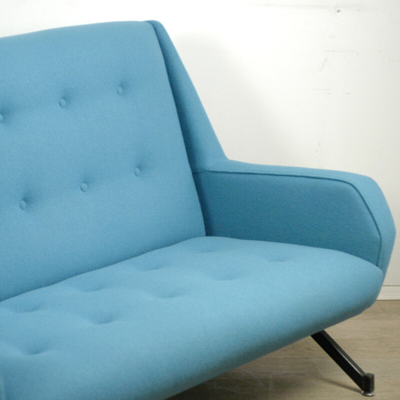 2-seater blue woolen and metal sofa - 1950s