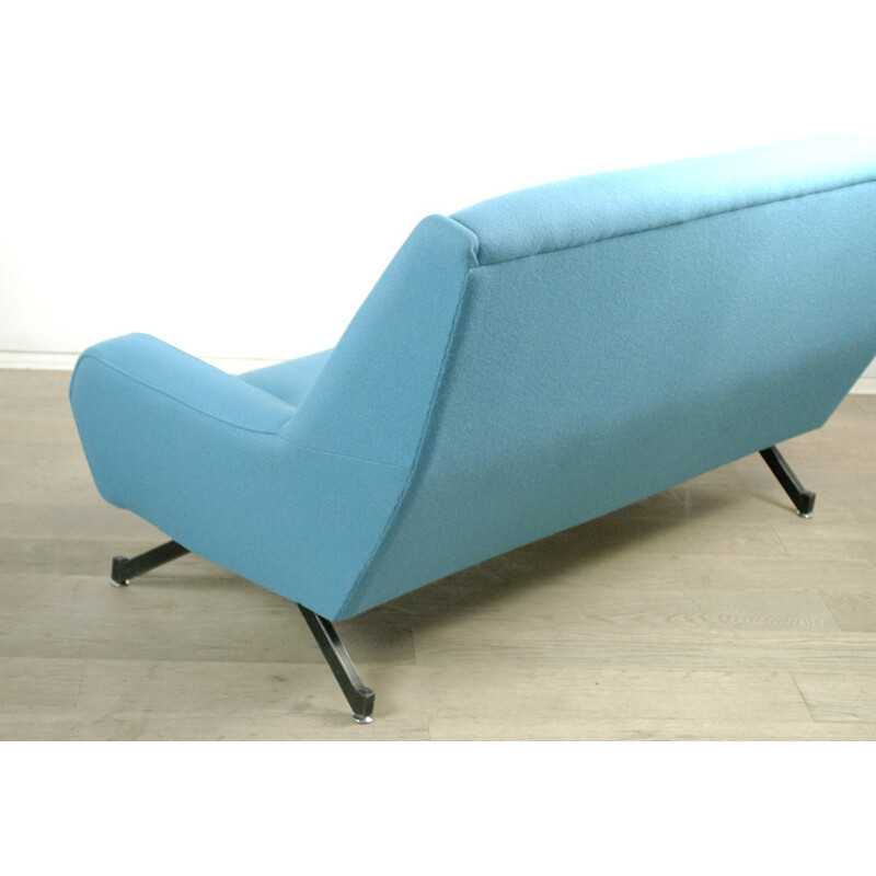 2-seater blue woolen and metal sofa - 1950s