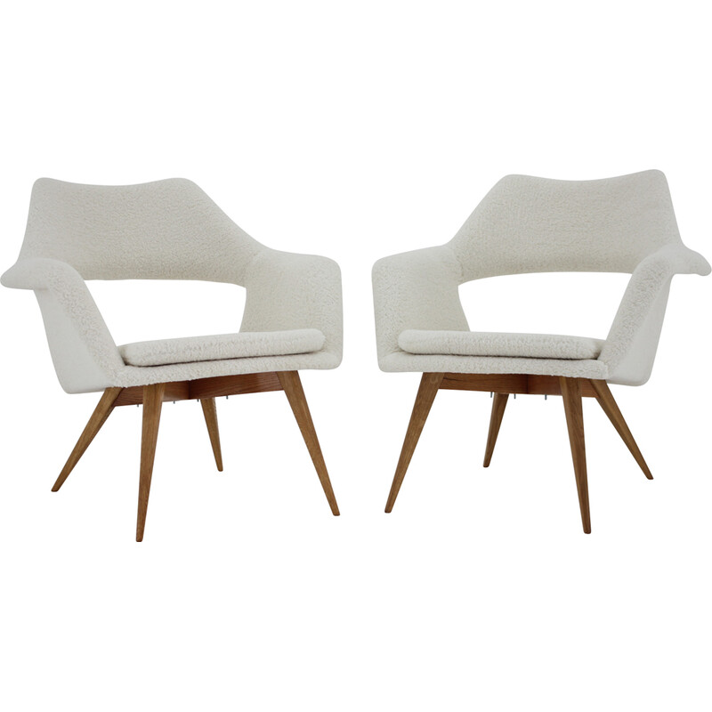 Pair of vintage Shell armchairs in sheepskin fabric by Miroslav Navratil, Czechoslovakia 1960s