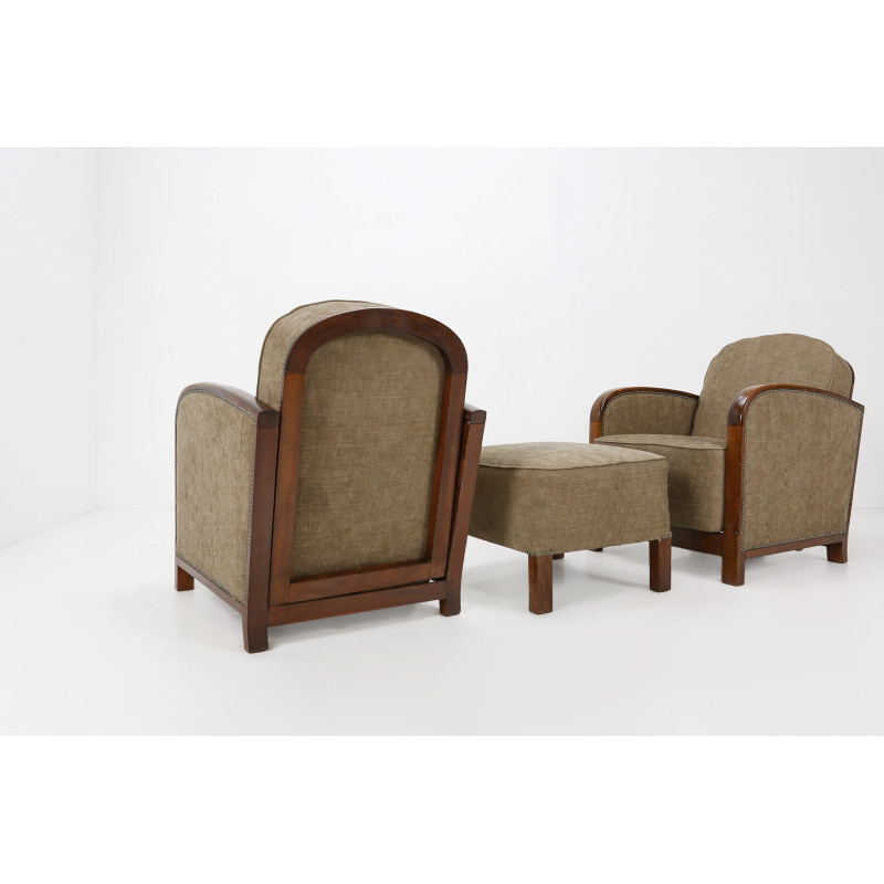 Pair of vintage armchairs with matching ottoman, France