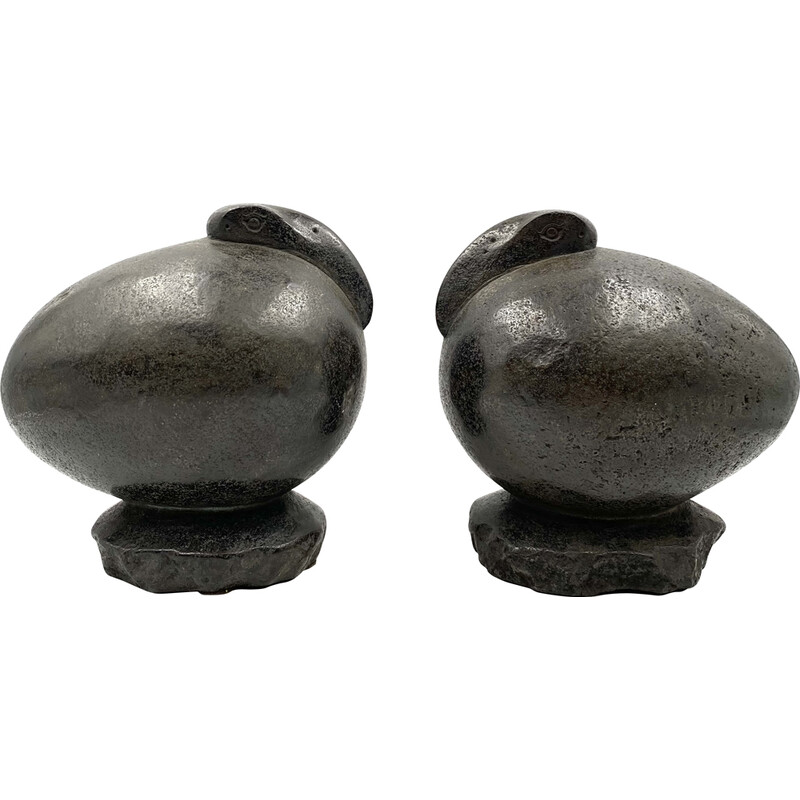 Pair of vintage basalt ovoid sculptures Ibis birds, France