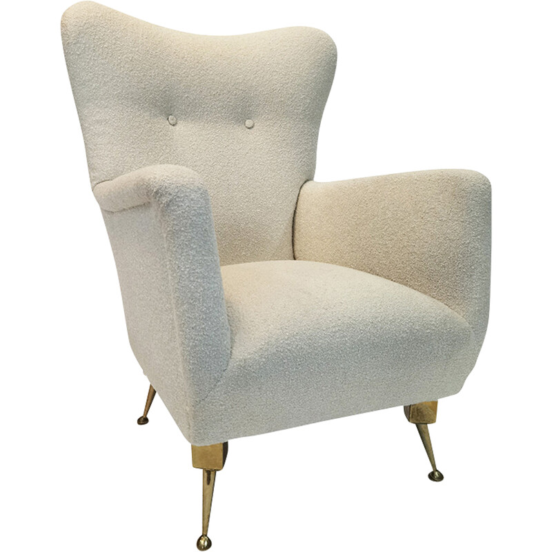 Vintage armchair in bouclé fabric and brass, 1950s