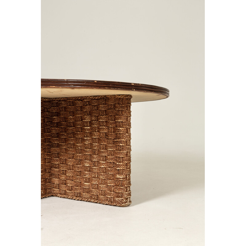 Vintage coffee table in woven rope and rattan with 4 stools, 1970