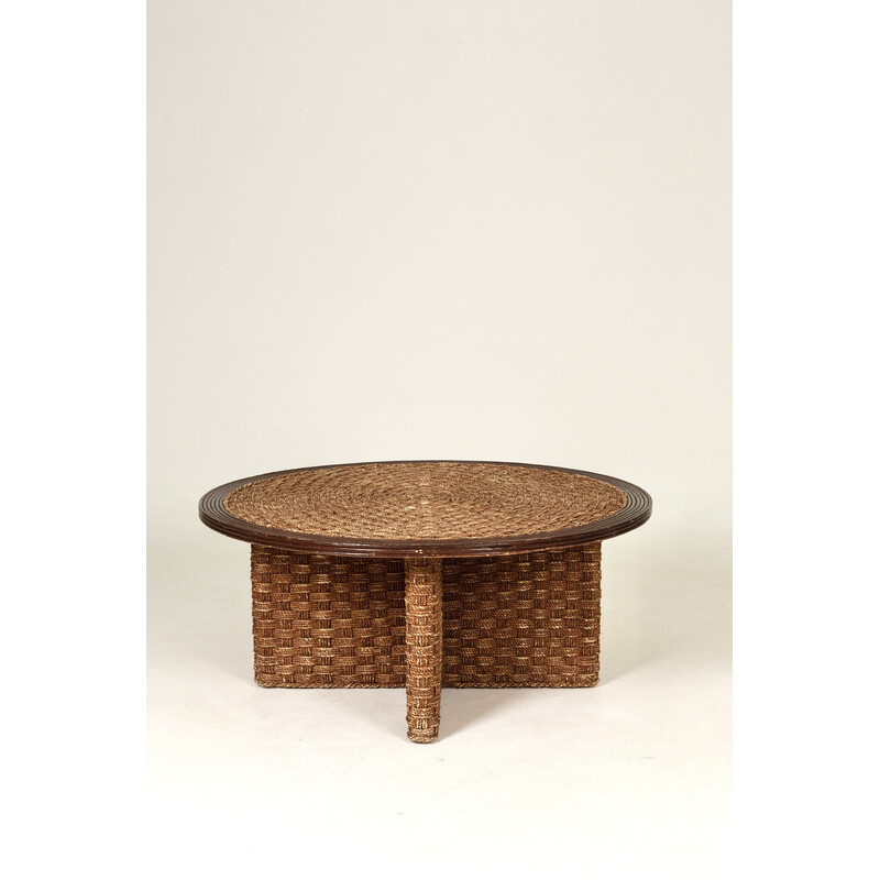 Vintage coffee table in woven rope and rattan with 4 stools, 1970