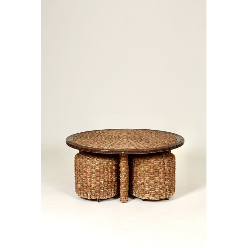 Vintage coffee table in woven rope and rattan with 4 stools, 1970