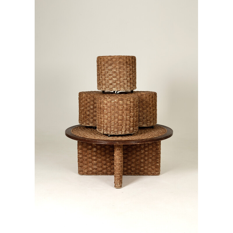 Vintage coffee table in woven rope and rattan with 4 stools, 1970