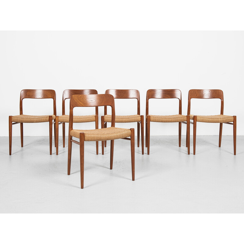 Set of 6 mid century Danish chairs model 75 by Niels Otto Møller for J.L. Møllers Møbelfabrik, 1960s