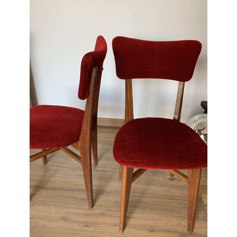 Coppia di sedie vintage in velluto rosso e legno, 1960