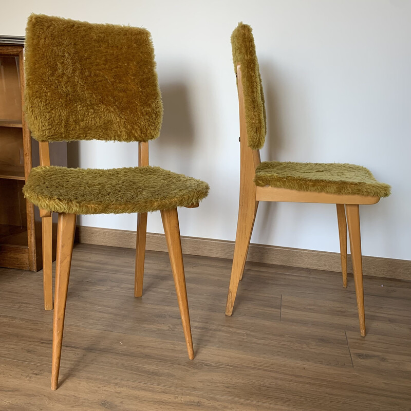 Coppia di sedie vintage in mussola gialla e legno