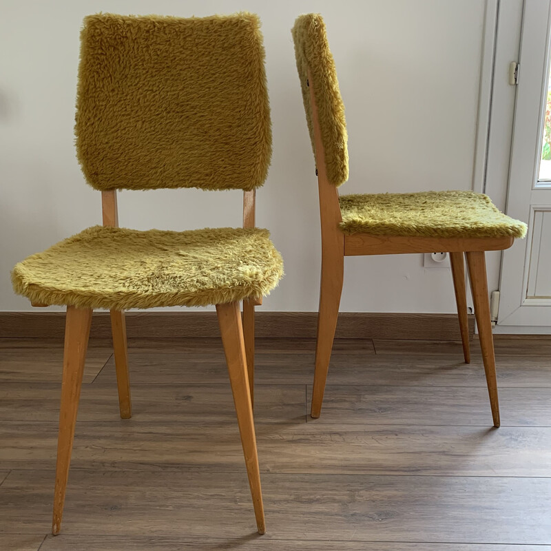Coppia di sedie vintage in mussola gialla e legno