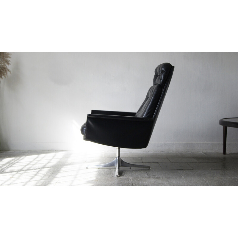 Vintage black leather Sedia swivel armchair by Horst Brüning for Cor, 1960s