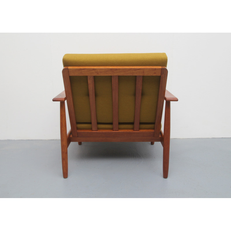 Fauteuil scandinave vintage en teck et tissu jaune moutarde, 1960