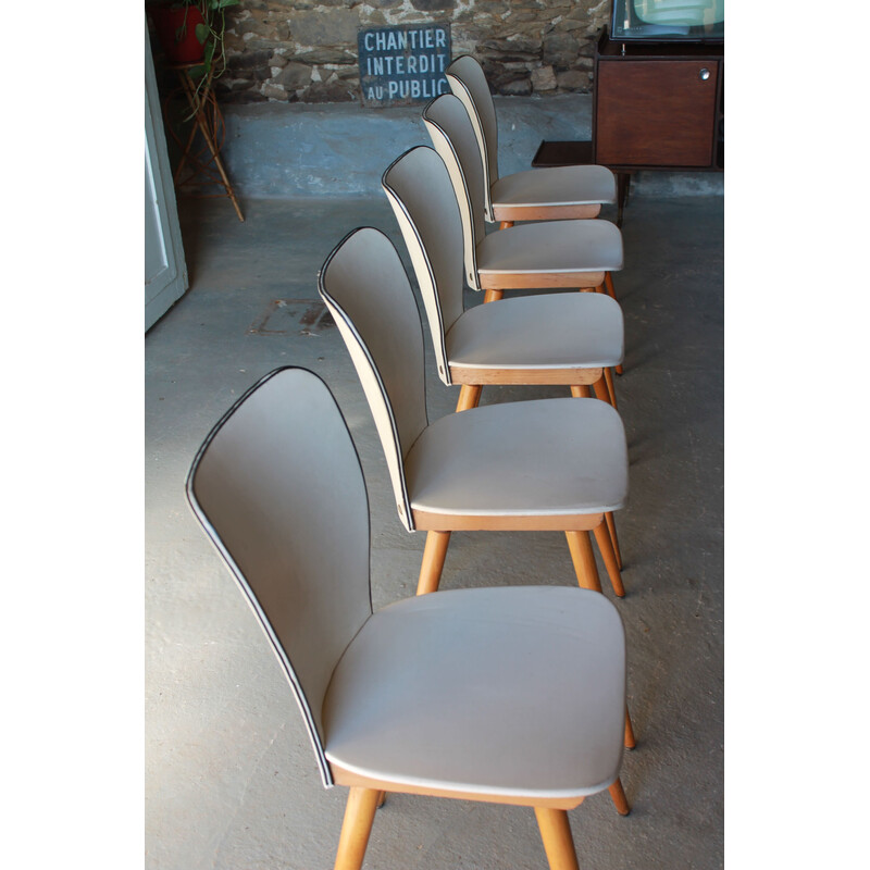 Set of 5 vintage Baumann chairs in white vinyl and wood, 1950