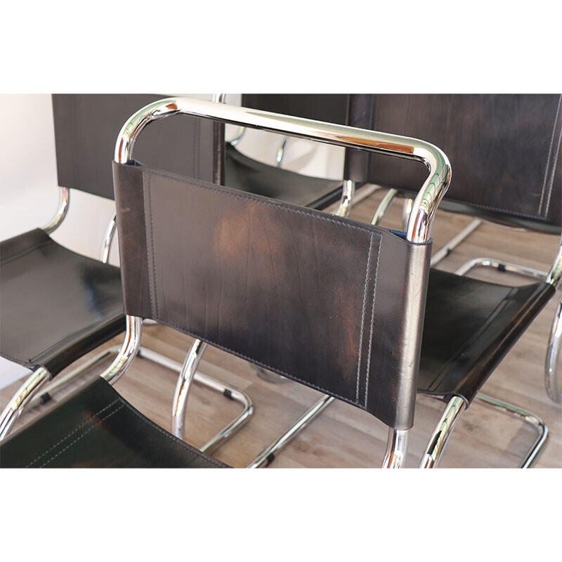 Conjunto de 6 sillas minimalistas vintage de metal cromado y cuero negro, 1970