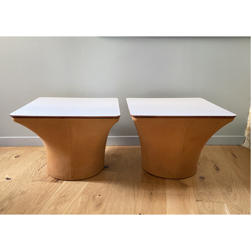 Paar vintage Mushroom salontafels in melamine en stof, 1960