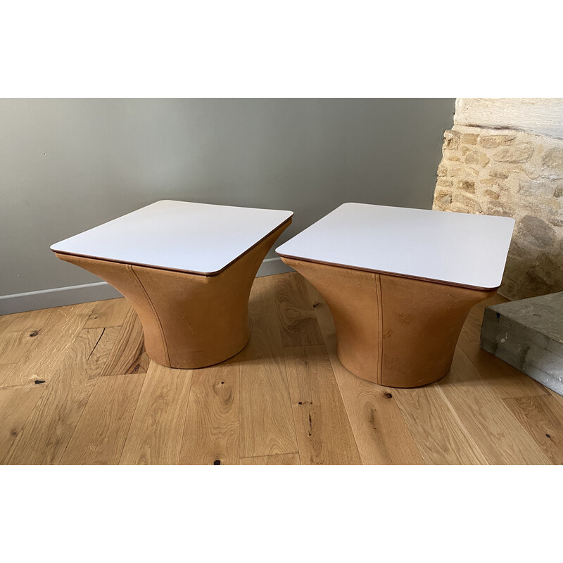 Pair of vintage Mushroom coffee tables in melamine and fabric, 1960