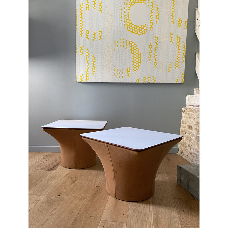 Pair of vintage Mushroom coffee tables in melamine and fabric, 1960