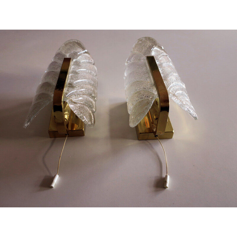 Pair of mid century brass and glass wall lamps by Carl Fagerlund for Orrefors, Sweden 1960s