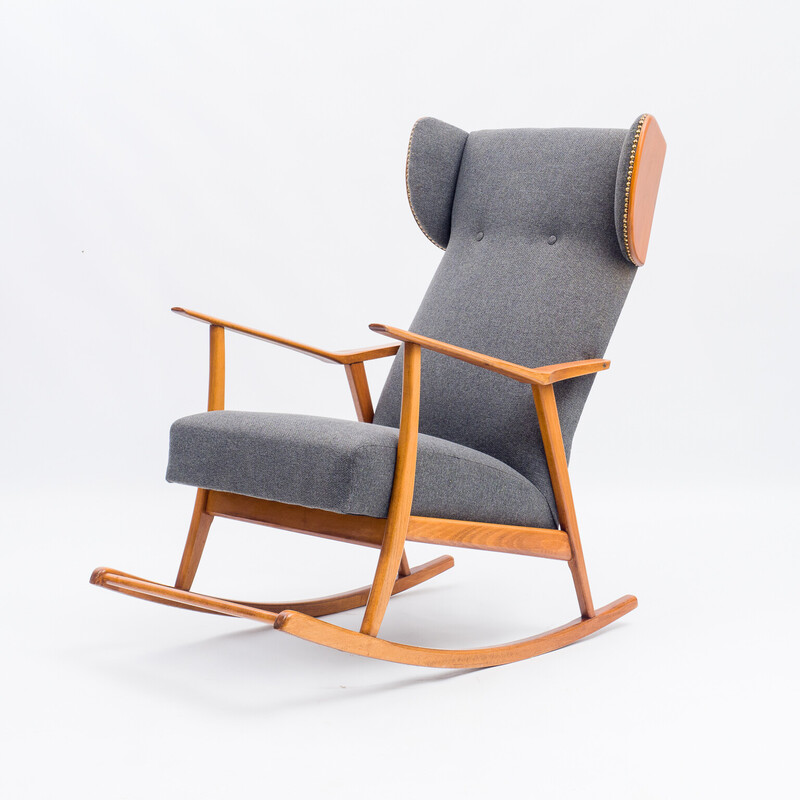 Mid century rocking chair in solid beechwood with upholstery, 1950s