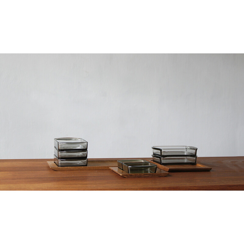 Vintage Danish set of glass bowls and teak tray, 1960s