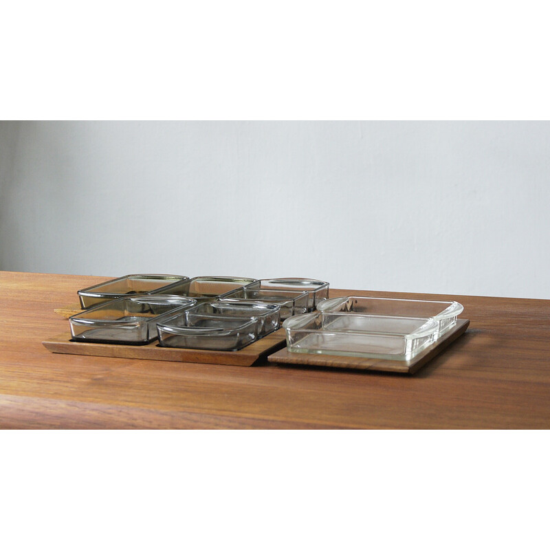 Danish vintage serving set teak tray with glass bowls, 1960s