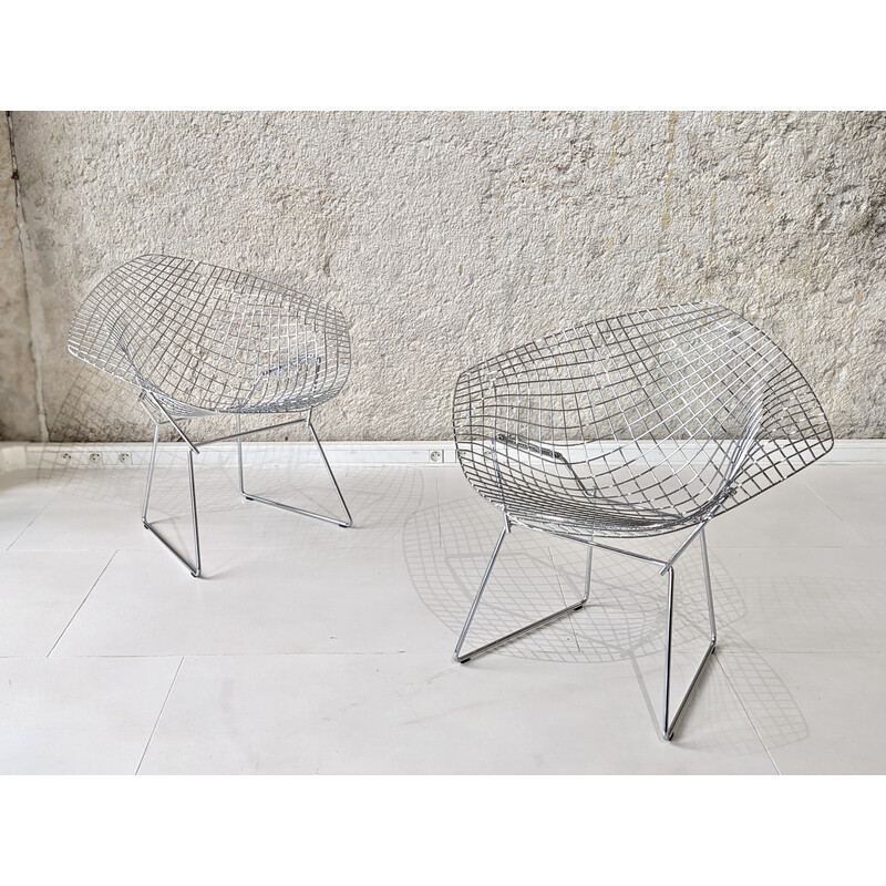 Pair of vintage chrome steel "diamond" armchairs by Harry Bertoia for Knoll, 1970