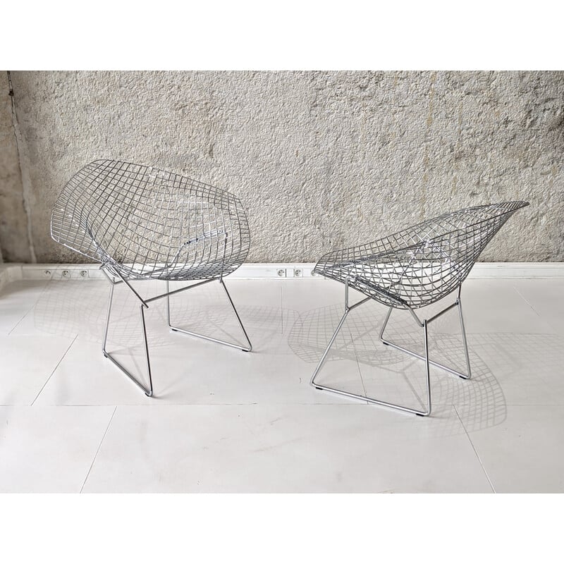 Pair of vintage chrome steel "diamond" armchairs by Harry Bertoia for Knoll, 1970