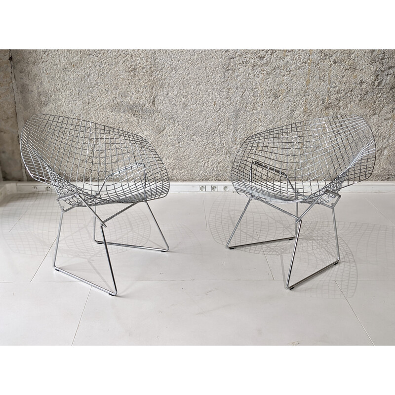 Pair of vintage chrome steel "diamond" armchairs by Harry Bertoia for Knoll, 1970