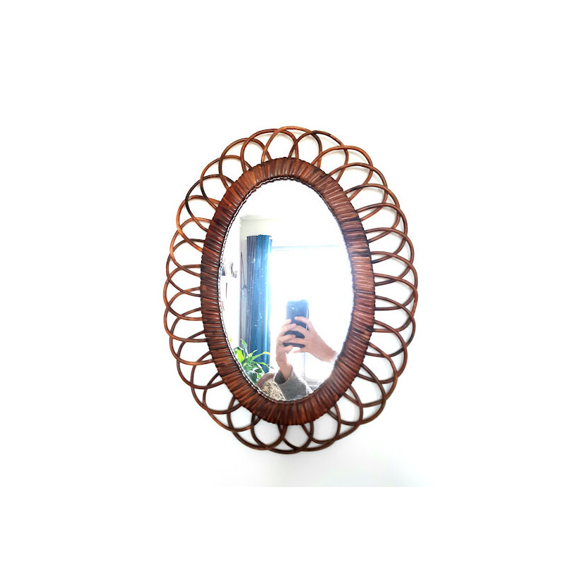 Vintage oval mirror in rattan, 1960