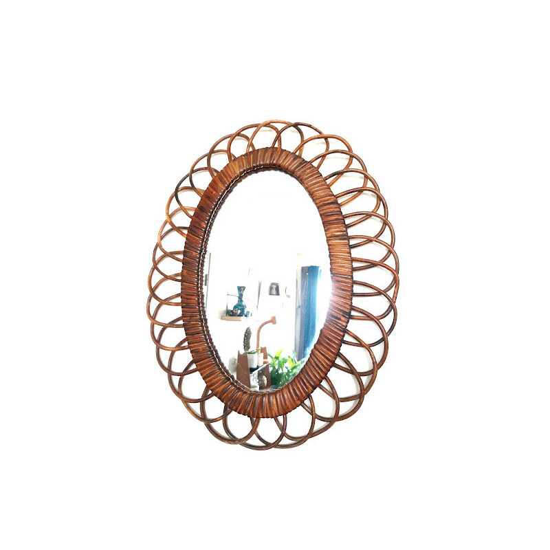 Miroir ovale vintage en rotin, 1960