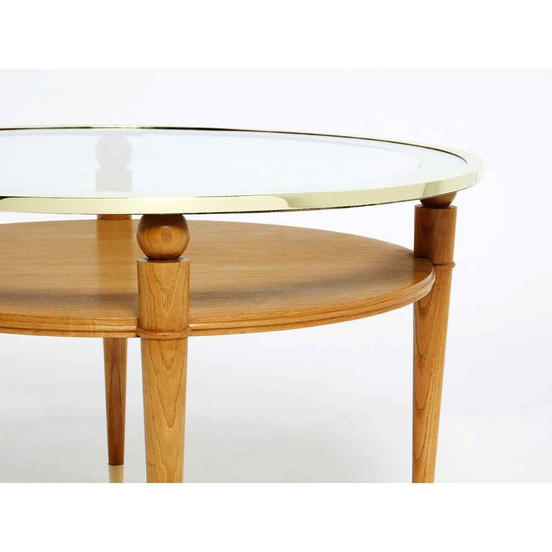 Art Deco neoclassical vintage pedestal table in ashwood and brass, 1940