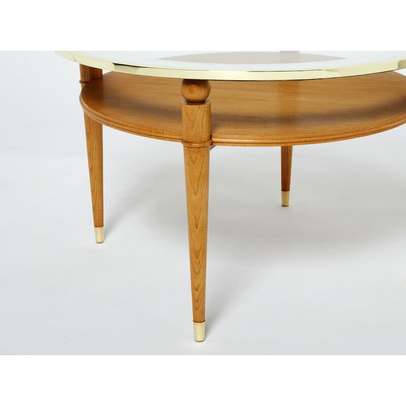 Art Deco neoclassical vintage pedestal table in ashwood and brass, 1940