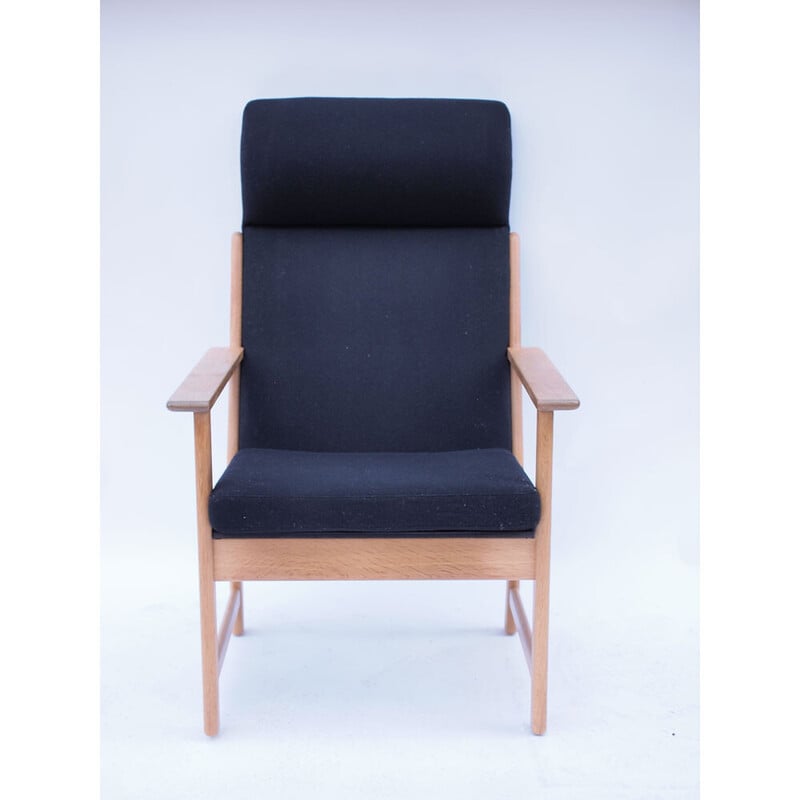 Scandinavian vintage armchair in solid oakwood and black fabric, 1960-1970
