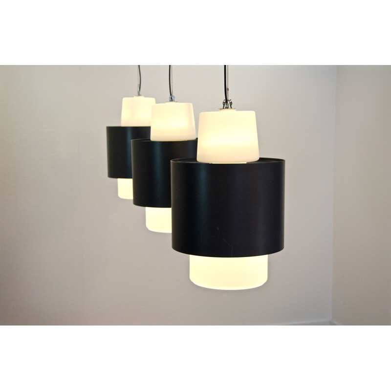 Set of 3 dutch hanging lamps in steel and frosted glass - 1960s