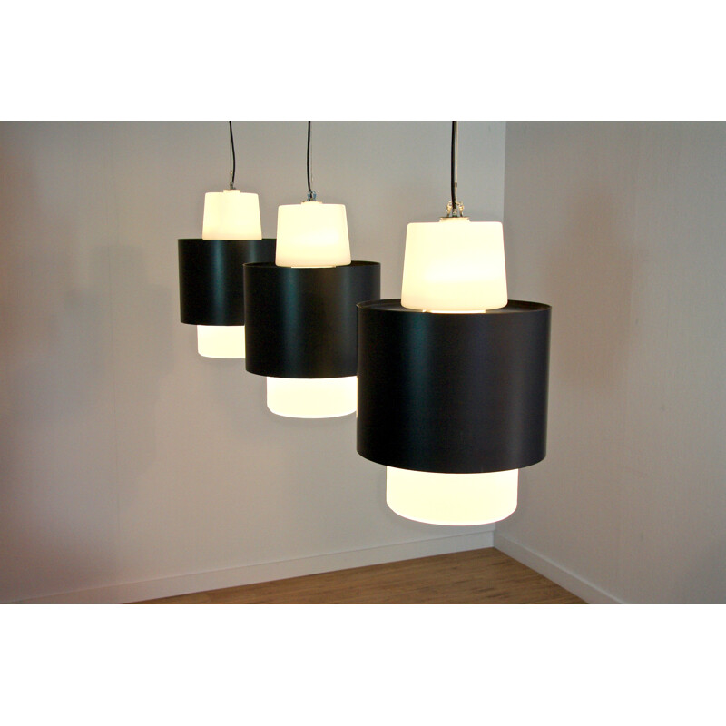 Set of 3 dutch hanging lamps in steel and frosted glass - 1960s