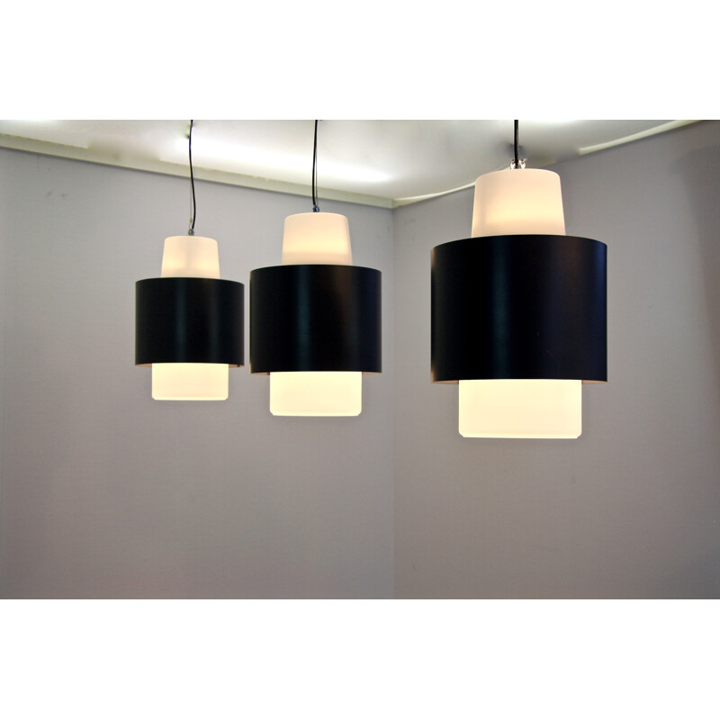 Set of 3 dutch hanging lamps in steel and frosted glass - 1960s