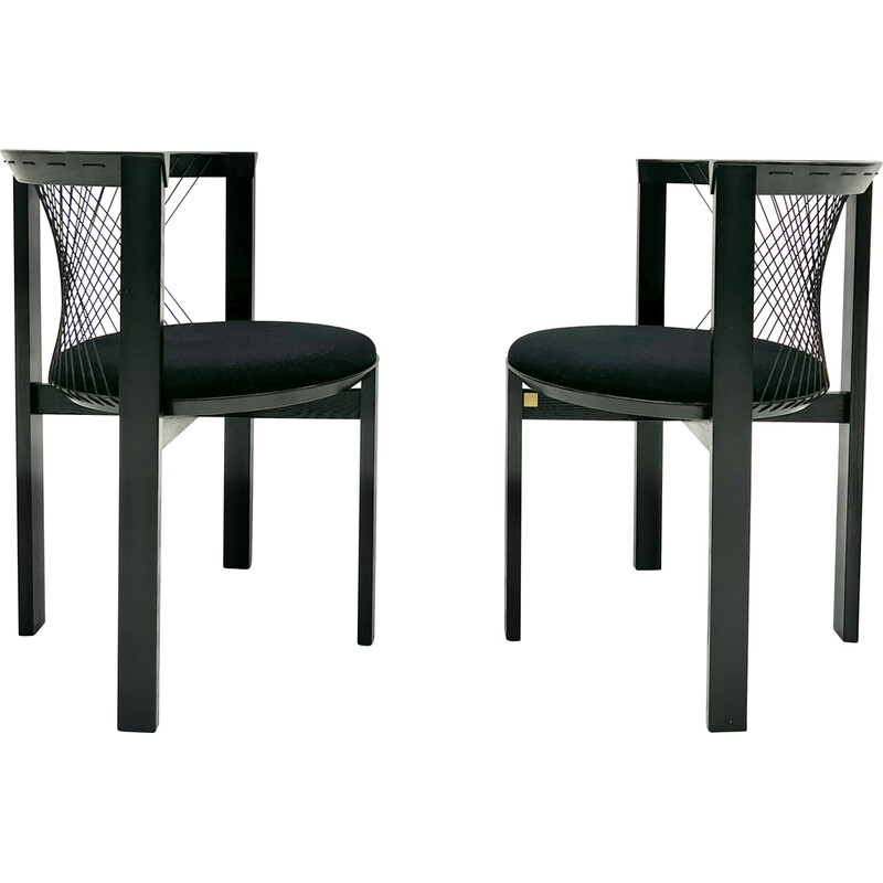 Pair of vintage string chairs in stained ash and black wool fabric by Niels Jorgen Haugesen for Tranekaer, 1980