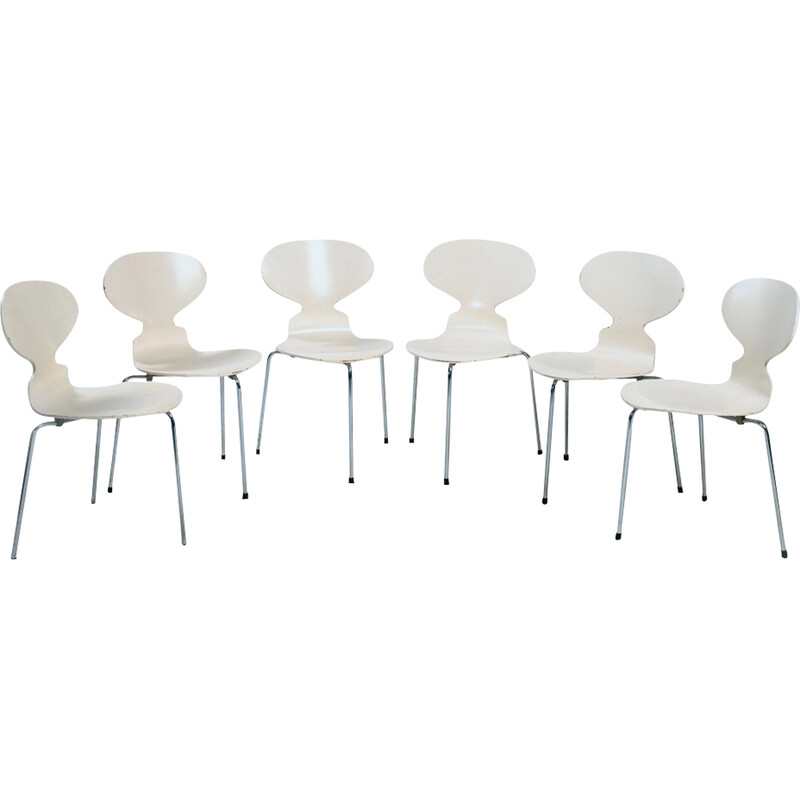 Juego de 6 sillas trípode Ant vintage blancas 3100 de Arne Jacobsen para Fritz Hansen