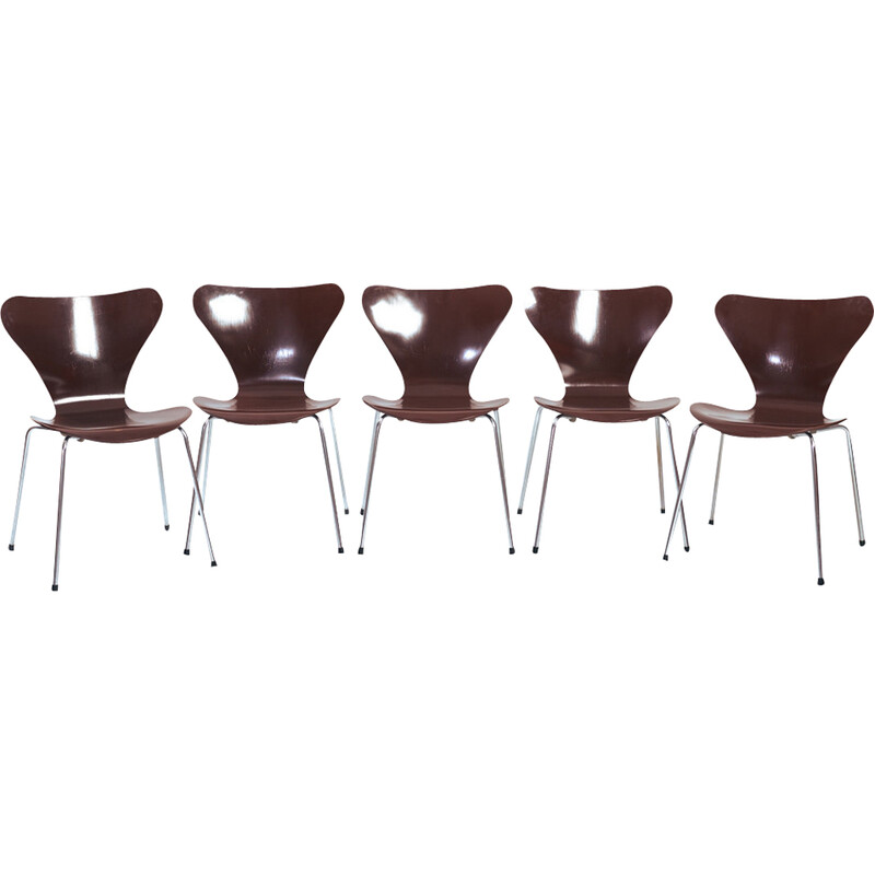 Set di 5 sedie vintage Butterfly 3107 serie 7 marrone di Arne Jacobsen per Fritz Hansen, 1960