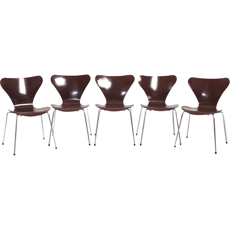 Set of 5 vintage brown Butterfly 3107 7 series chairs by Arne Jacobsen for Fritz Hansen, 1960s