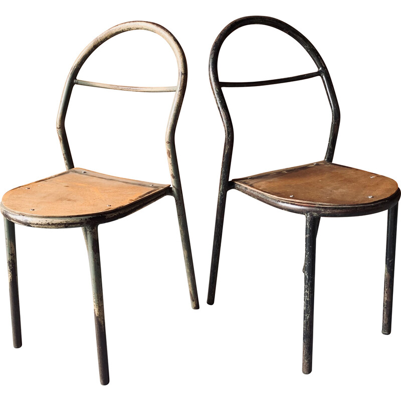 Pair of vintage stacking chairs by René Herbst for Mobilor, 1950