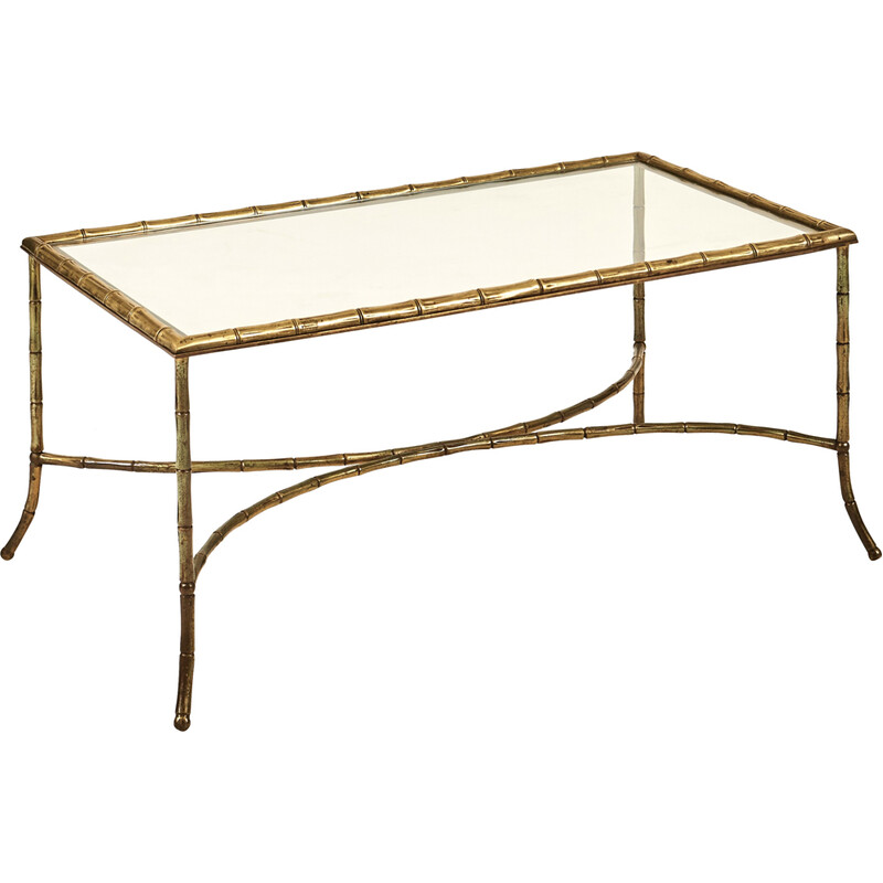 Vintage bronze coffee table with rectangular glass top, 1950