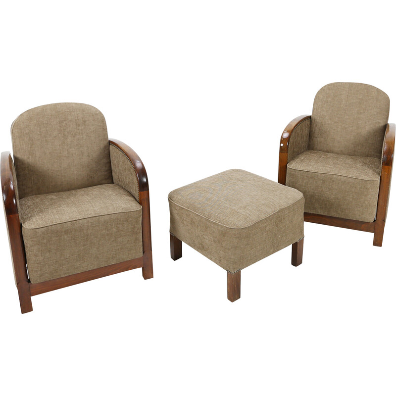 Pair of vintage armchairs with matching ottoman, France
