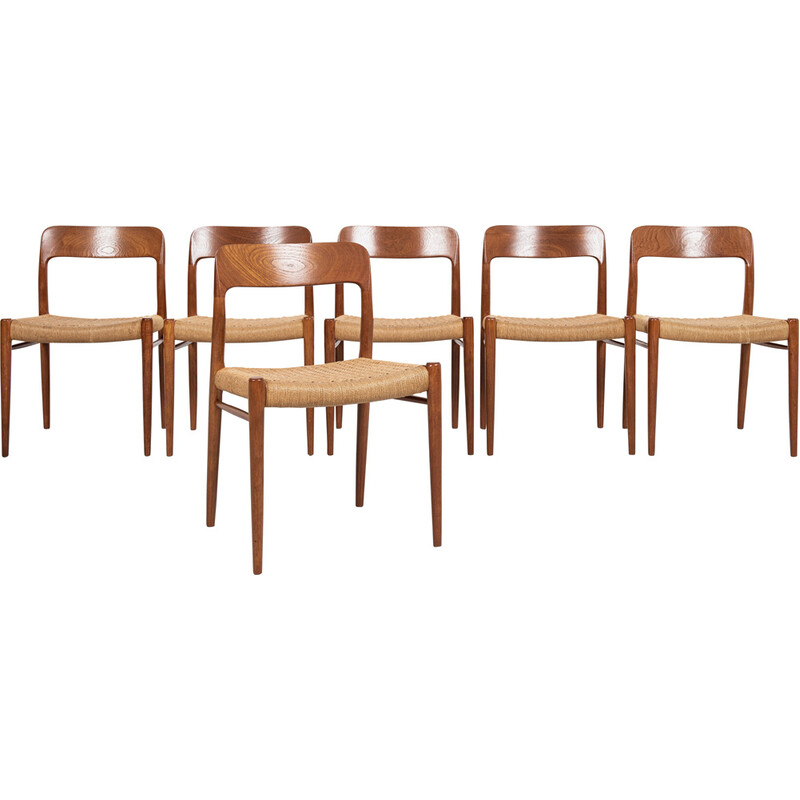 Set van 6 mid century Deense stoelen model 75 van Niels Otto Møller voor J.L. Møllers Møbelfabrik, 1960