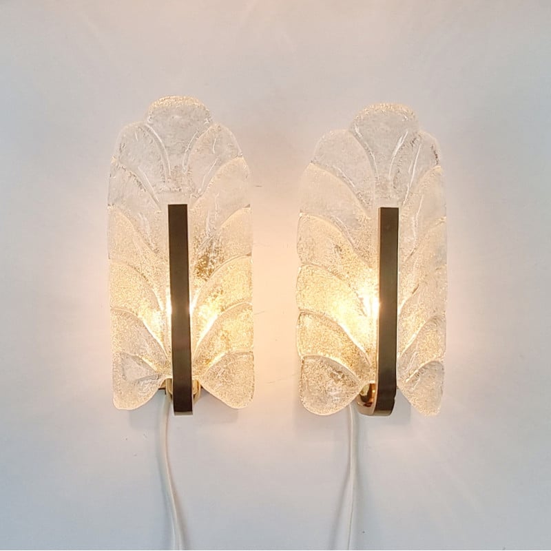 Pair of Scandinavian vintage glass and brass wall lamps by Carl Fagerlund for Jsb, 1960s