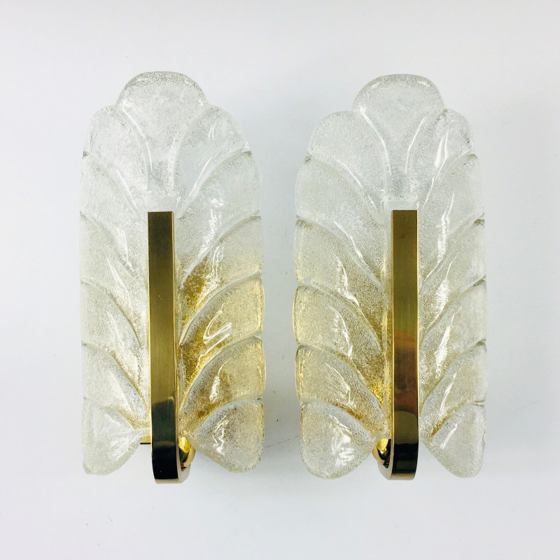 Pair of Scandinavian vintage glass and brass wall lamps by Carl Fagerlund for Jsb, 1960s