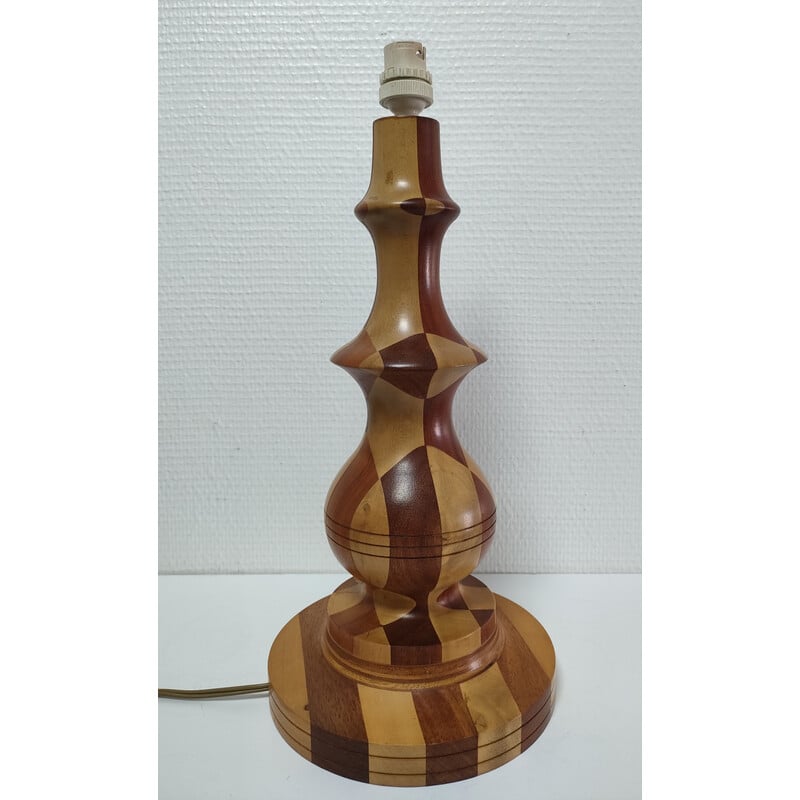 Vintage lamp in turned wood and wood inlays, 1980