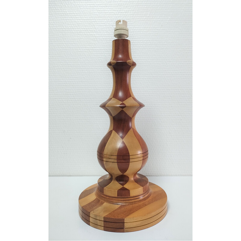 Vintage lamp in turned wood and wood inlays, 1980